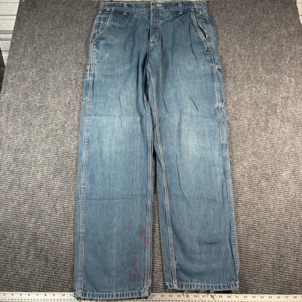 Carhartt FR Carpenter Pants Mens 36x34 Blue Fair Distressed Flame Resistant